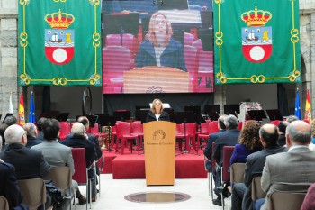 Dolores Gallardo, presidenta de la APC, durante su intervención. (FOTO: Parlamento de Cantabria)